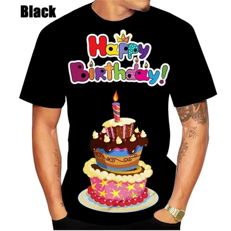 3D Print Happy Birthday Birthday Cake Graphic T Shirts For Men Women Short-sleeved Round Neck Men's Plus Size Tee Tops Clothing