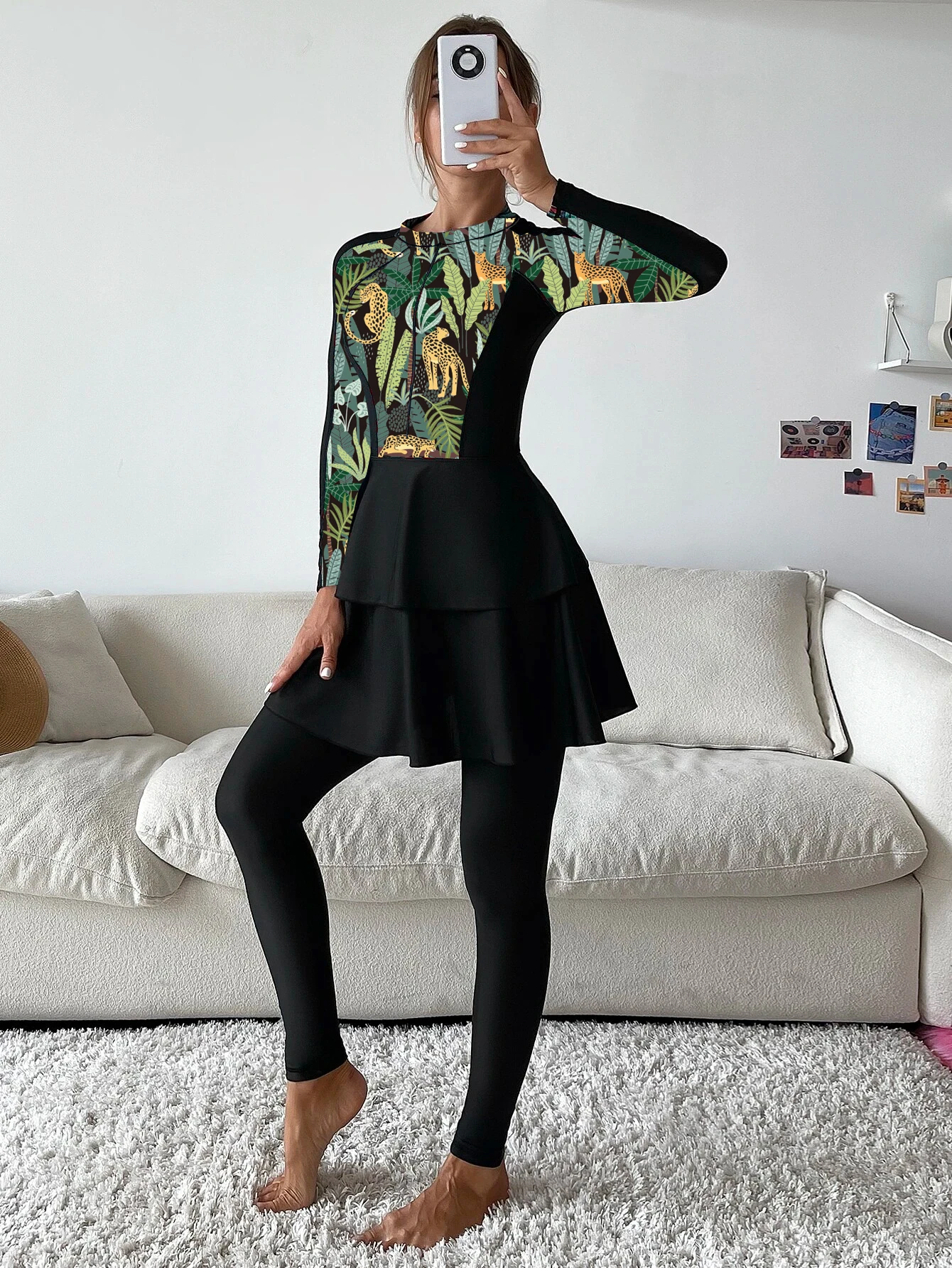 3PCS/Set Islamic Burkini Femmes Modest Swimwear Women Long Sleeve Muslim Swimsuit Hijab Pant Top Leopard