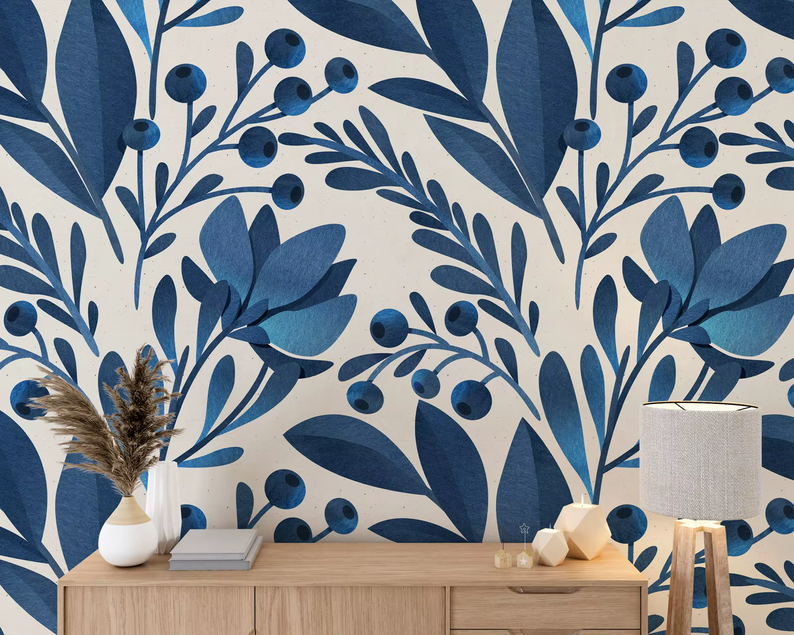 Watercolor floral pattern Wallpaper Peel and Stick, Blue Flowers Wallpaper, Botanical Background.  Self-adhesive Wall Papers