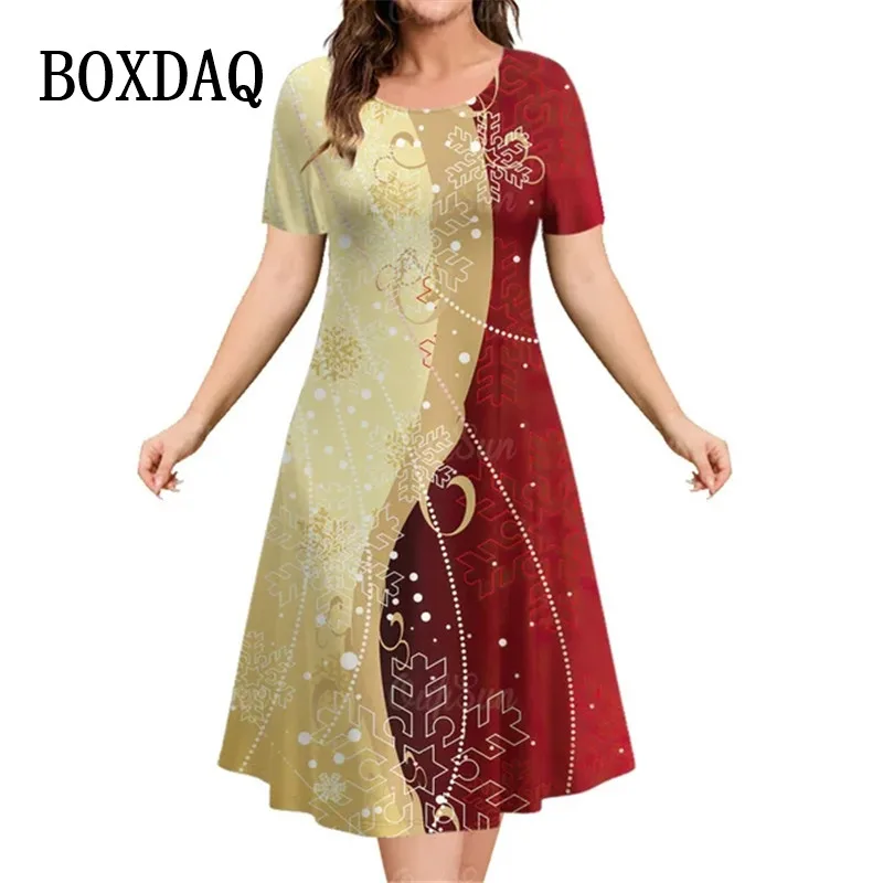 Christmas Women Dresses For Winter Christmas Snowflakes Print Short Sleeve Dress Plus Size Casual O-Neck Loose Party Clothes New