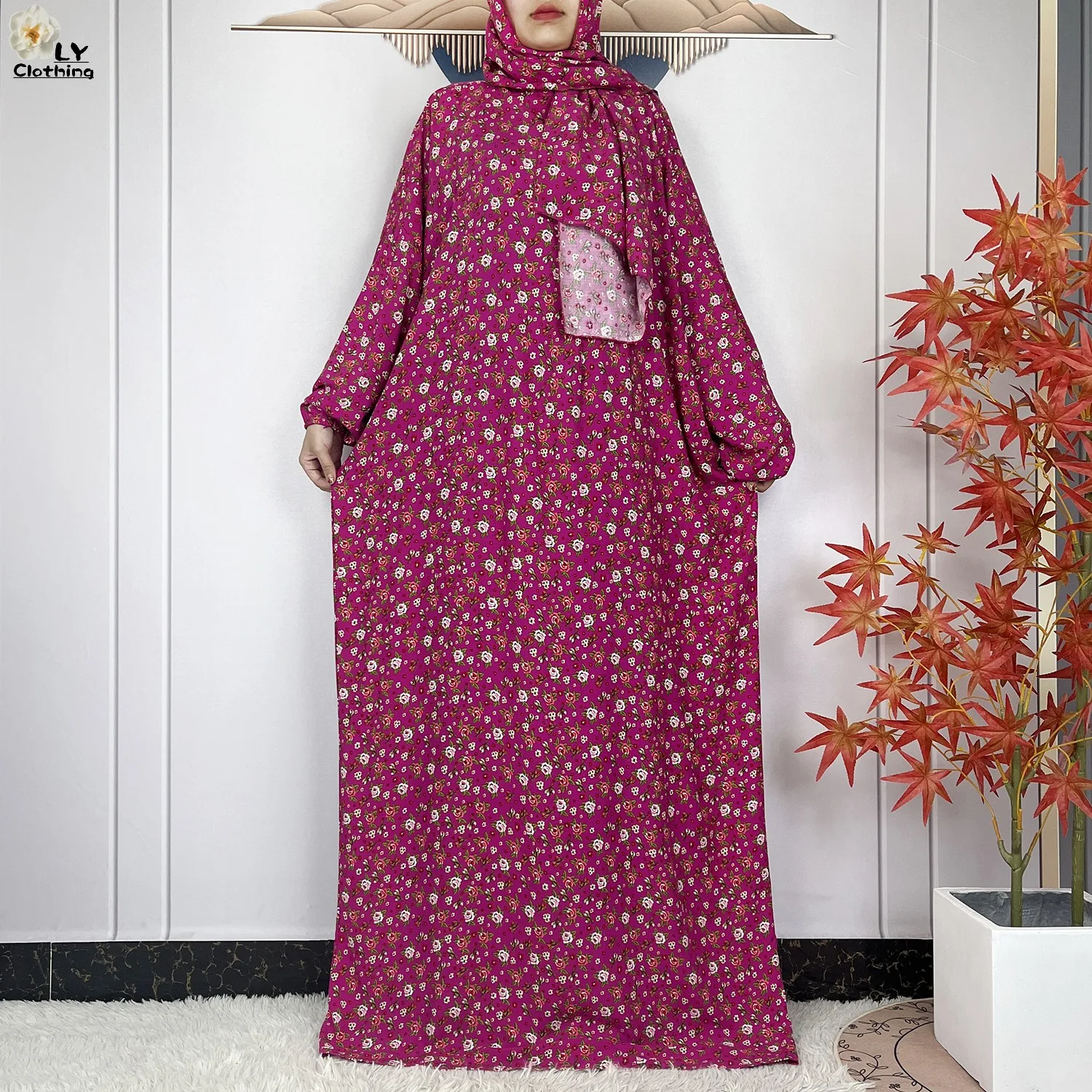 2024Latest Muslim Abayas For Women Ramadan Prayer Maxi Dubai Turkey Femme Cotton Robe Floral Loose African Dress Turban Attached