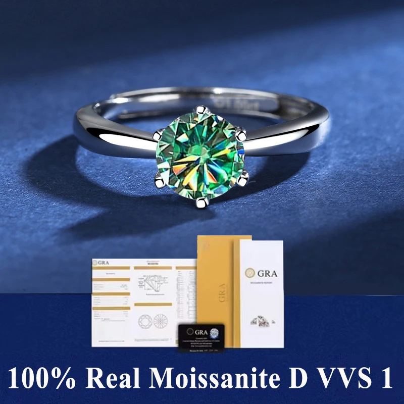 Real Moissanite 6 Prong Ring D VVS1 Pass Diamond Test Pen Adjustable Size S925 Sliver GRA Certificate Wedding Rings for Women