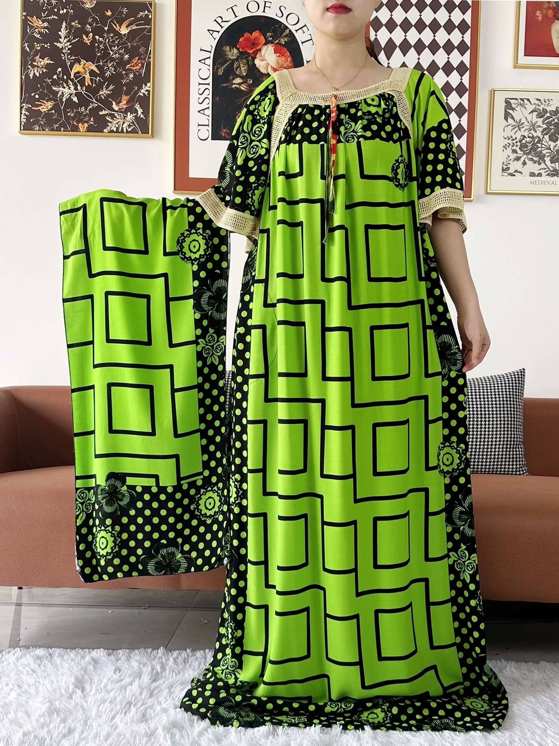 2024 New Muslim Women Short Sleeve Dashiki Dress Lace Embroidered Floral Boubou Maxi Islam Women Dress African Abaya Clothes