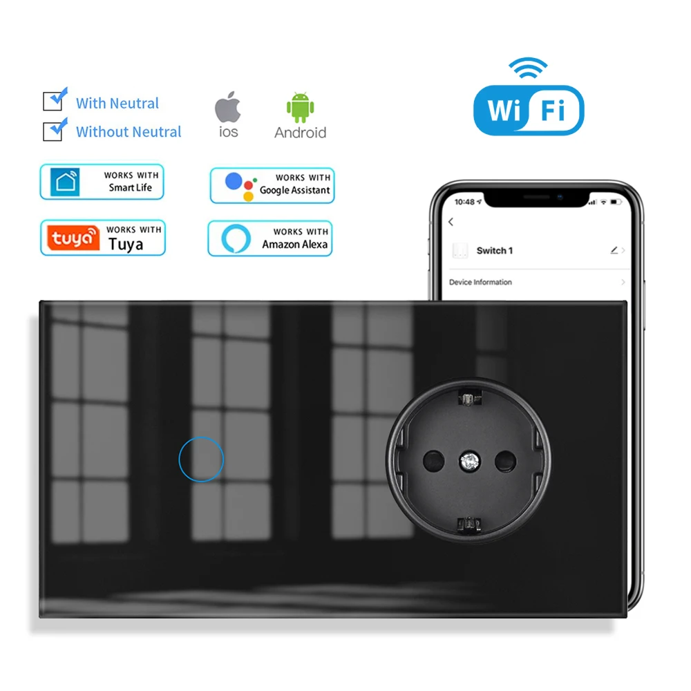 SRAN EU socket and Touch Smart Switch, 153*82mm Fully covered glass panel Wifi Light switch work with Tuya and Smartlife