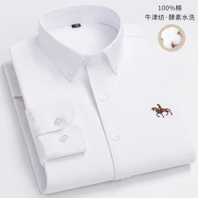 2024 Men Shirt Floral Long Sleeve Casual 100% Cotton Oxford Man Leisure Embroidered Horse Shirts Streetwear Oversized  Plus Size
