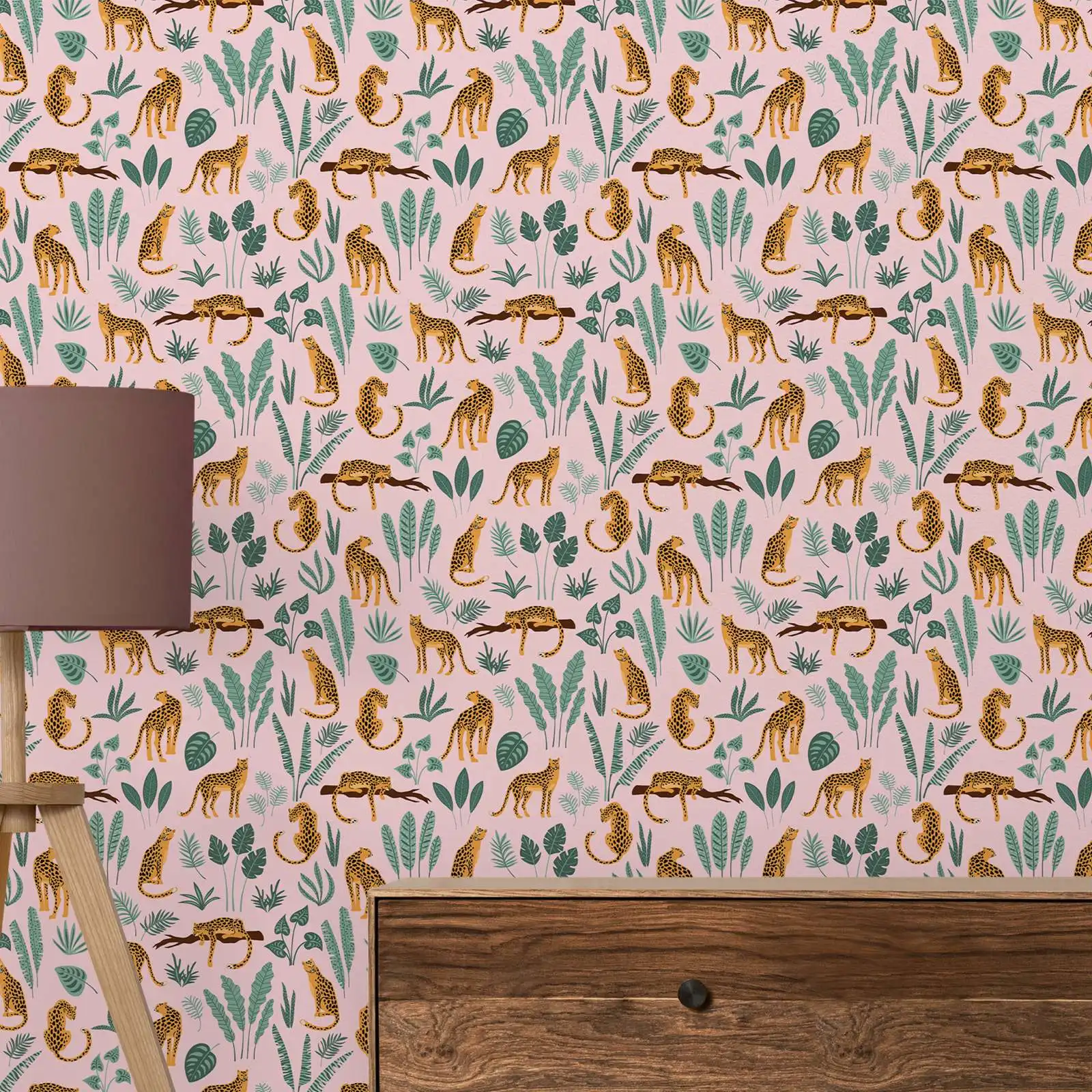 Leopards and Tropical Leaves Wallpaper,Peel And Stick Wall Papers Tropical , Leopard Wall Paper,Self Adhesive  Wallpaper