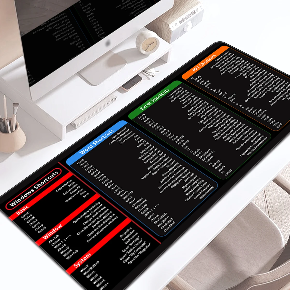 1pc Black Multi-Software Shortcut Mouse Pad-Large Desk Mat with Anti-Slip Base-Office, School, Home, Gift - Excel, Word PPT