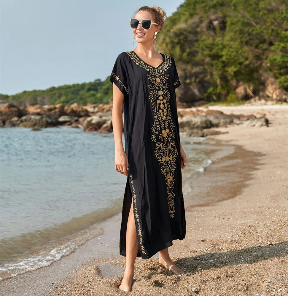 Swimsuit Cover Ups Embroidery V Neck Short Sleeve Swim Cover Up for Women Kaftan Dresses
