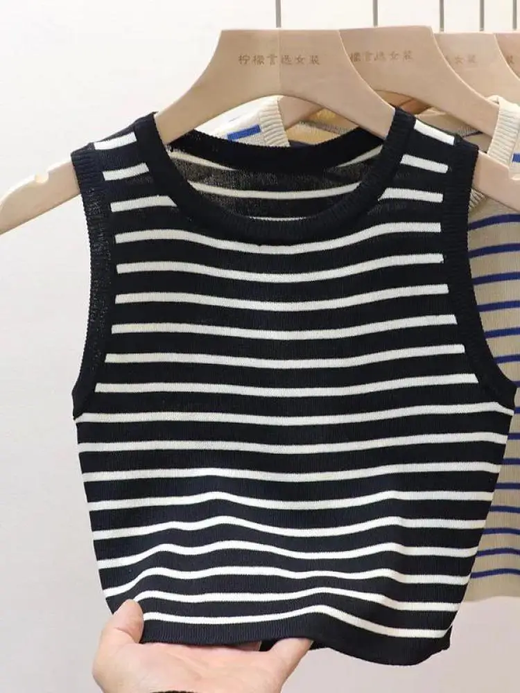 2024 Summer Spring Striped Tank Tops Women Sleeveless Knitted T-Shirts Crop Tops Female Elastic Slim Casual Vests Pullover Camis