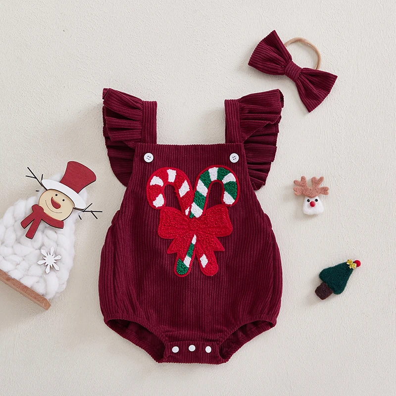 Baby Girl Christmas Overall Romper Casual Candy Cane Embroidery Corduroy Jumpsuit and Headband Set Fashion Clothes Outfits