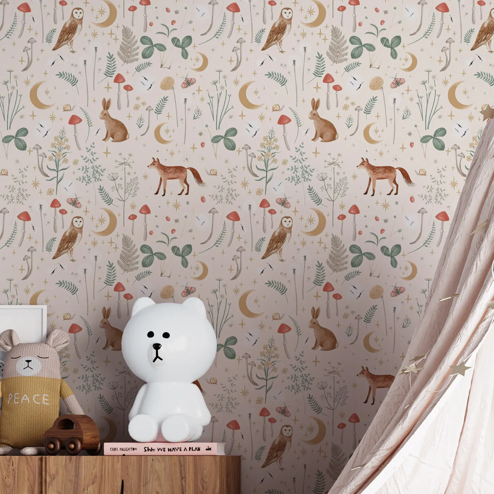 Enchanted Twilight Natural Wallpaper,Floral Flowers Animal Print Woodland Wall Paper For Trendy Playroom Nursery Feature Decor