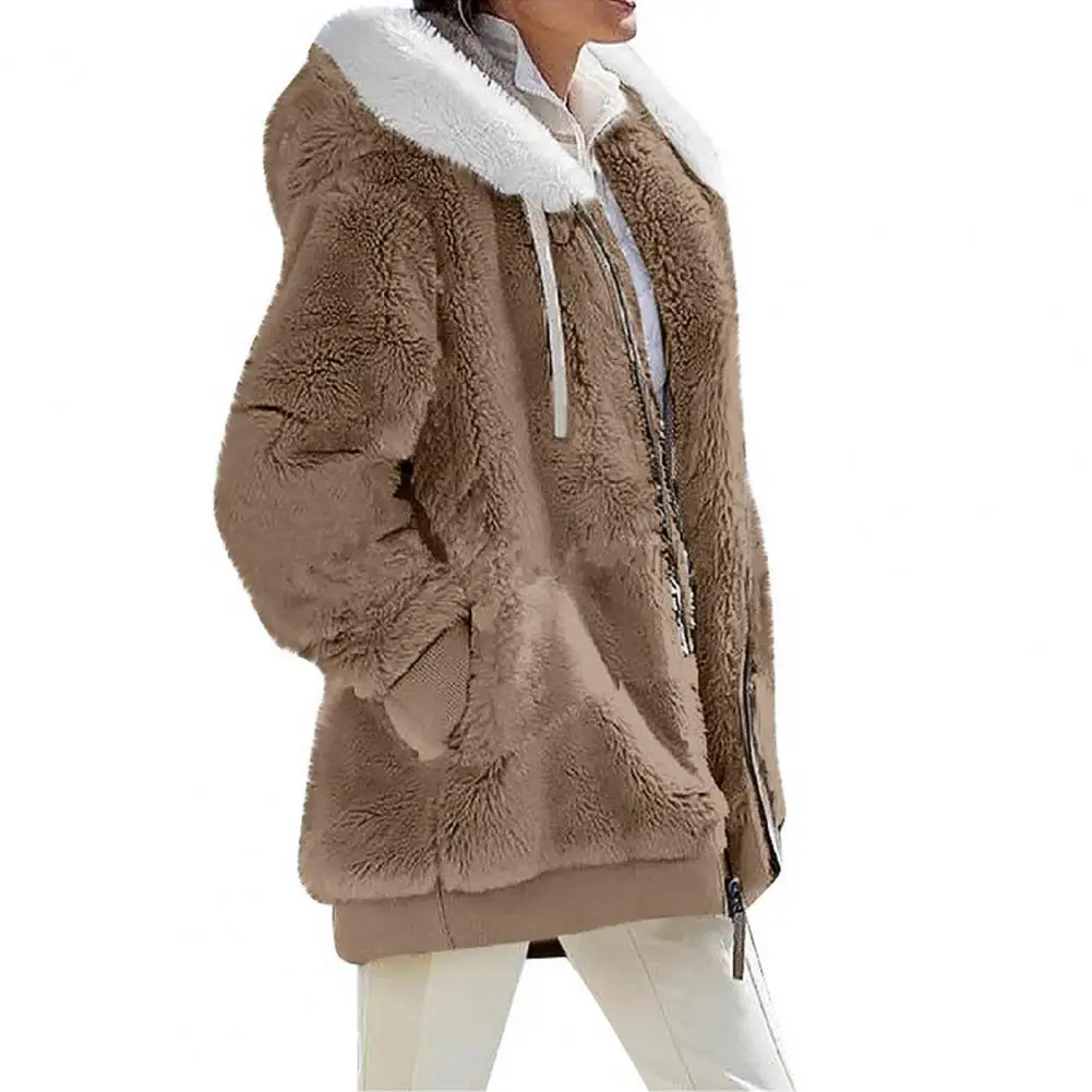 Women Winter Coat Solid Color Long Sleeves Zipper Cardigan Loose Warm Furry Plush Plus Size Lady Coat Winter Clothes