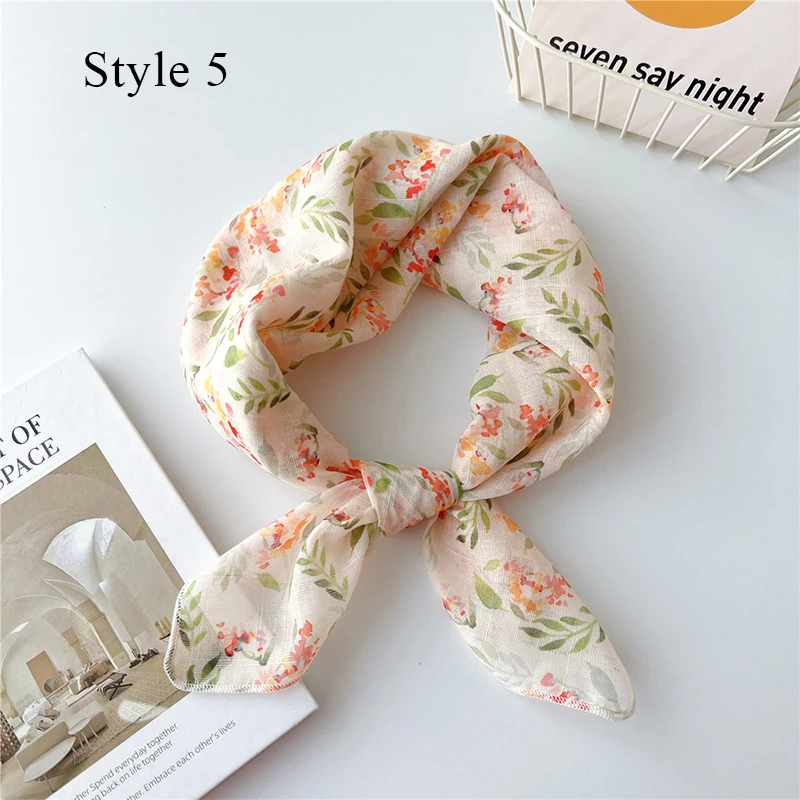 Luxury Floral Print Cotton Linen Square Scarf Women Soft Hair Scarf Square Handkerchief Ladies Neck Scarves Cute Head Scarfs