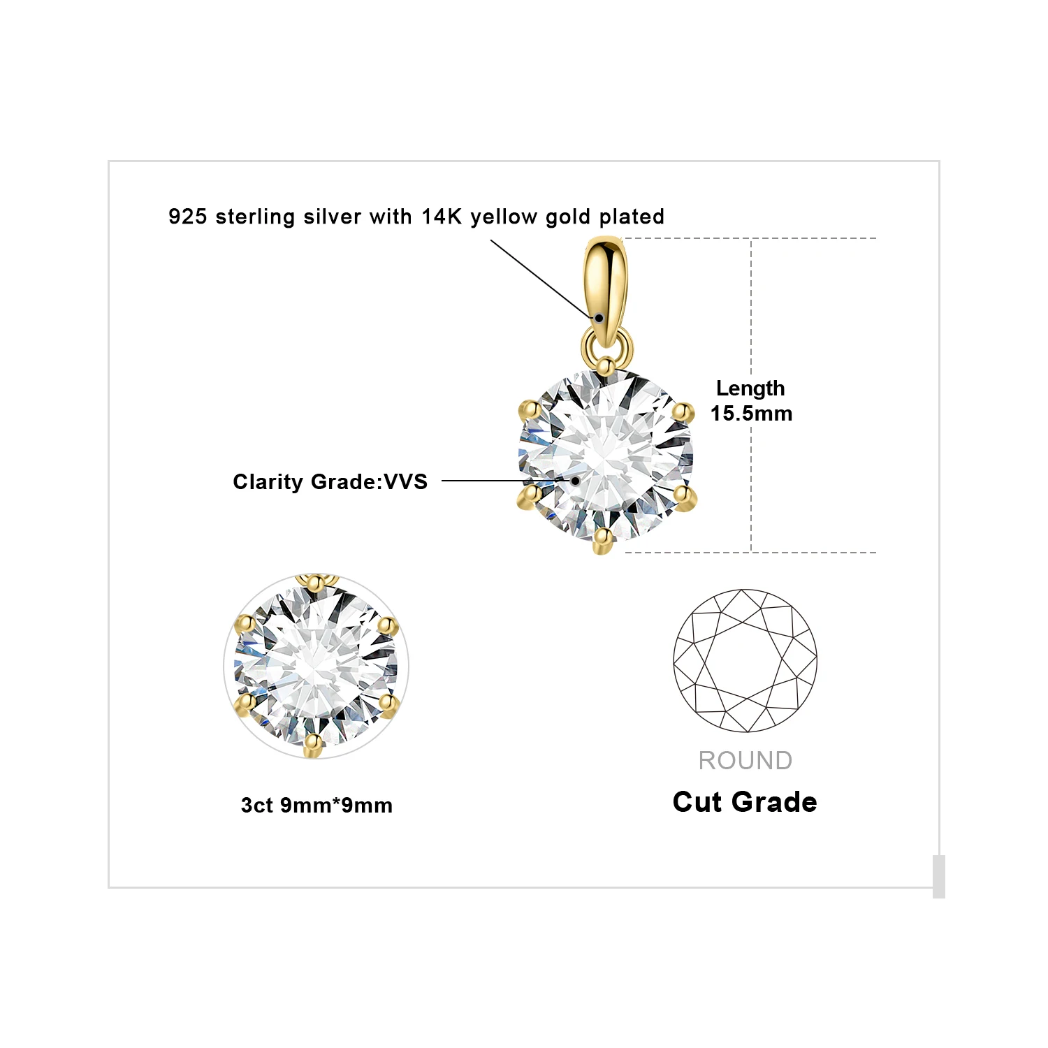 JewelryPalace Moissanite D Color 1ct 1.5ct 2ct 3ct Round 925 Sterling Silver Pendant Necklace for Woman No Chain