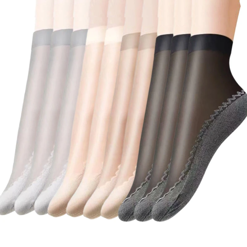 1/10pairs Silk Velvet Ankle Short Sox Elastic Lace Socks Women Transparent Ultrathin Female Mesh Non-Slip Bottom Splice Sock