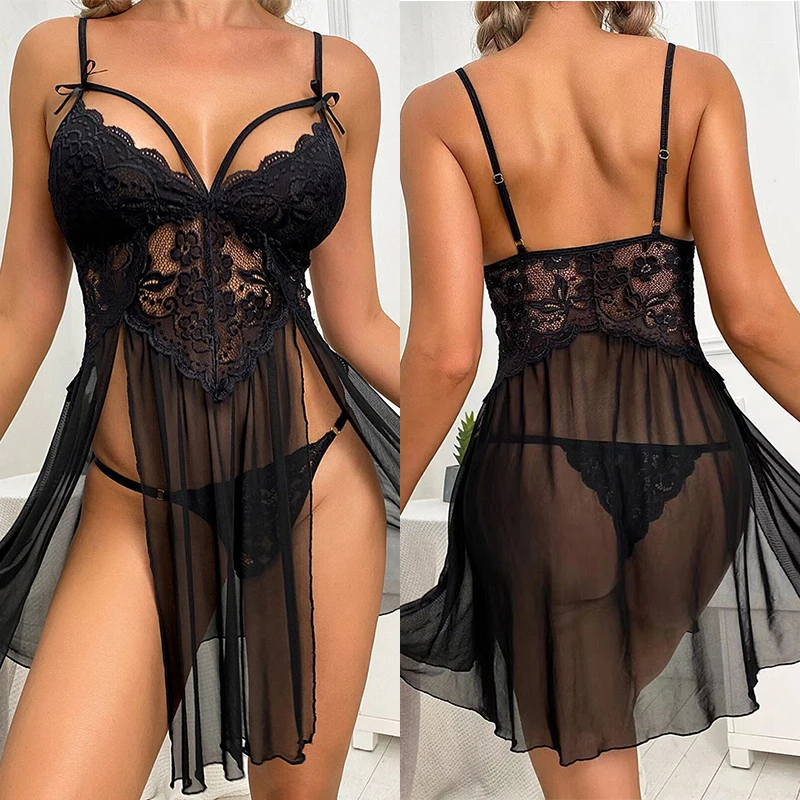 New Sexy Lingerie Hot Woman Transparent Porno Teddy Costumes Babydoll Lace Dress Lenceria Sexi Mujer Underwear Plus Size