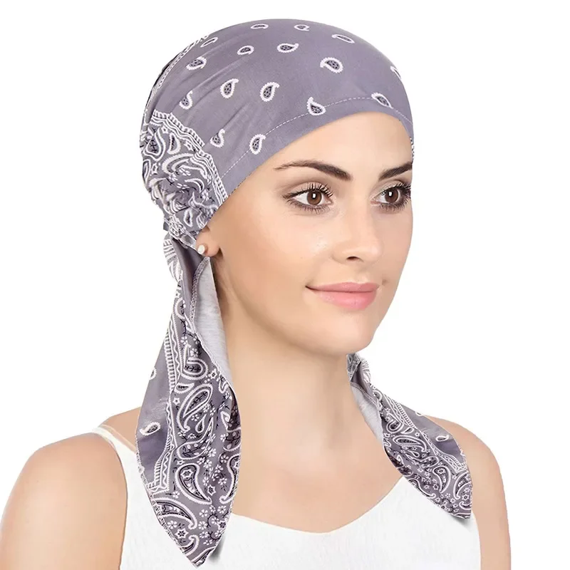 New Muslim Women Soft Turban Hat Headbands Pre-Tied Head Scarf Printed Ladiess Cotton Chemo Cap Inner Hijabs Hair Accessories
