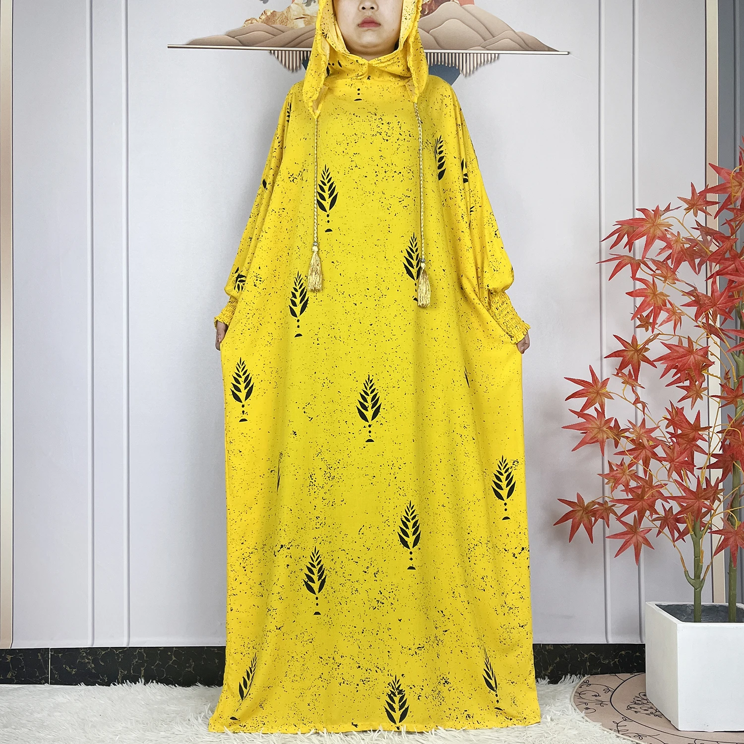 New Style Women Ramadan Muslim Double Hat Abaya Solid Cotton Fabric Dress African Women Kaftan Dubai Turkey Islam Prayer Garment