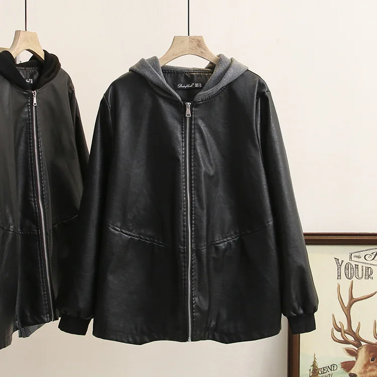 Washed PU Leather Hooded Jacket for Women, Casual Clothes, Female Coats, Spring and Autumn Fashion, Plus Size