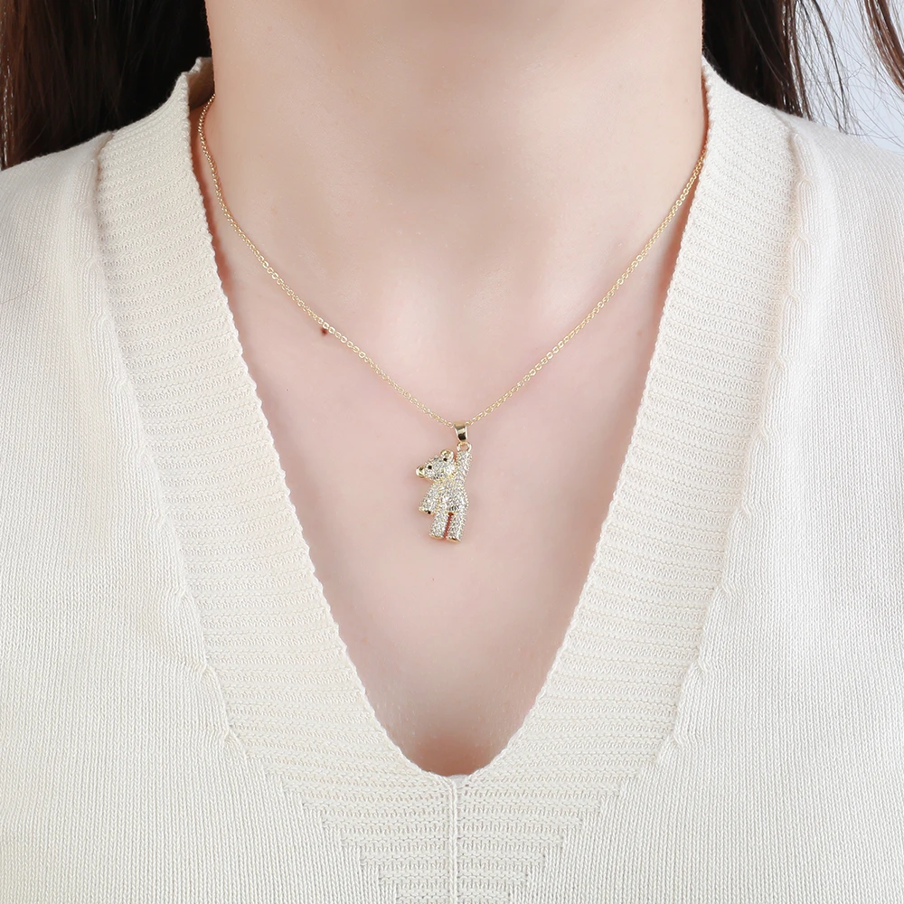 Teddy Bear Animal Full Diamond 18K Gold Plated Cute Pendant Necklace Stainless Steel Chain Women's Luxury Bridal Gift
