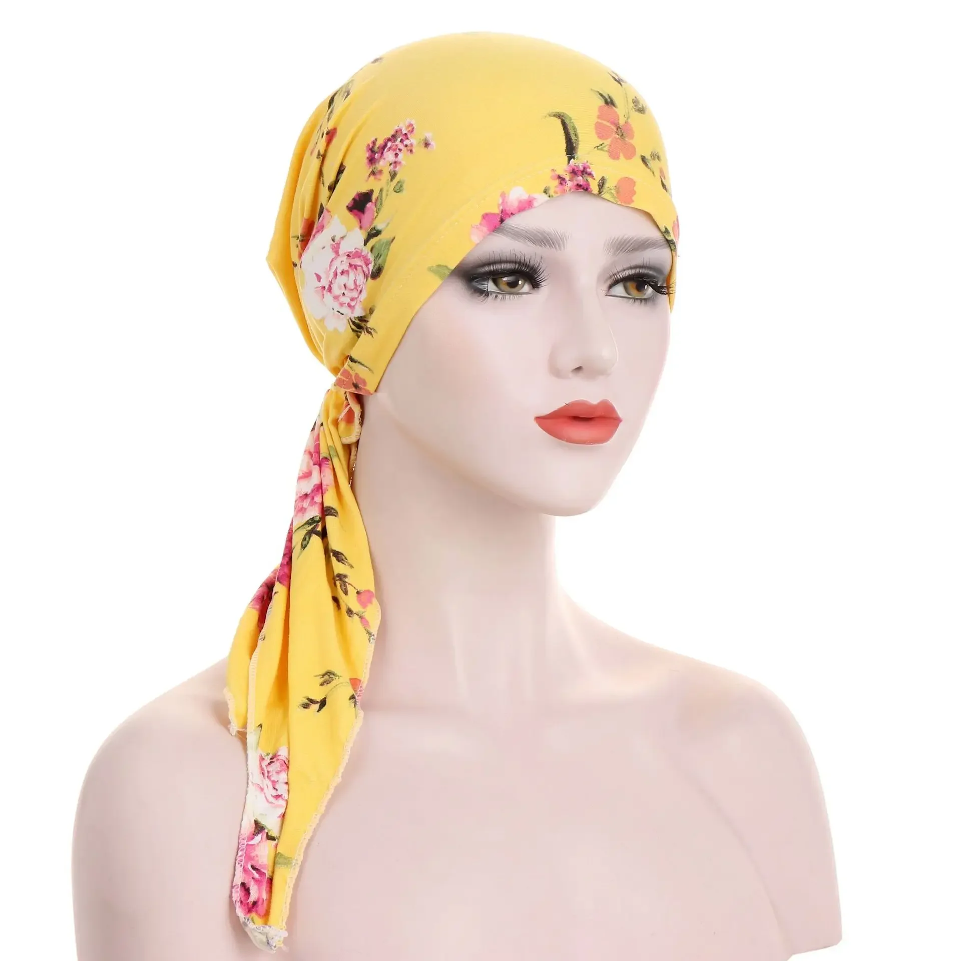 New Women Printed Pre-Tied Turban Cap Muslim Hijab Inner Caps Hair Loss Cover Beanies Bonnet Long Tail Headscarf Strech Bandana