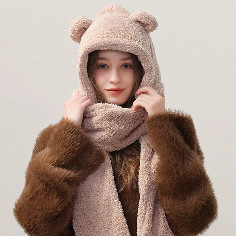 Cute Bear Ear Hat Fashion Winter Warm Comforts Polyester Thickened Plush Hoodie Hat Scarf Gloves Set Girl Kawaii Warm Casual Hat