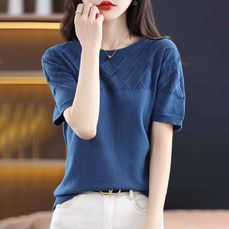 Women's elegant solid crewneck semi-sleeved Knit Sweaters Pulver Sweat KN1508