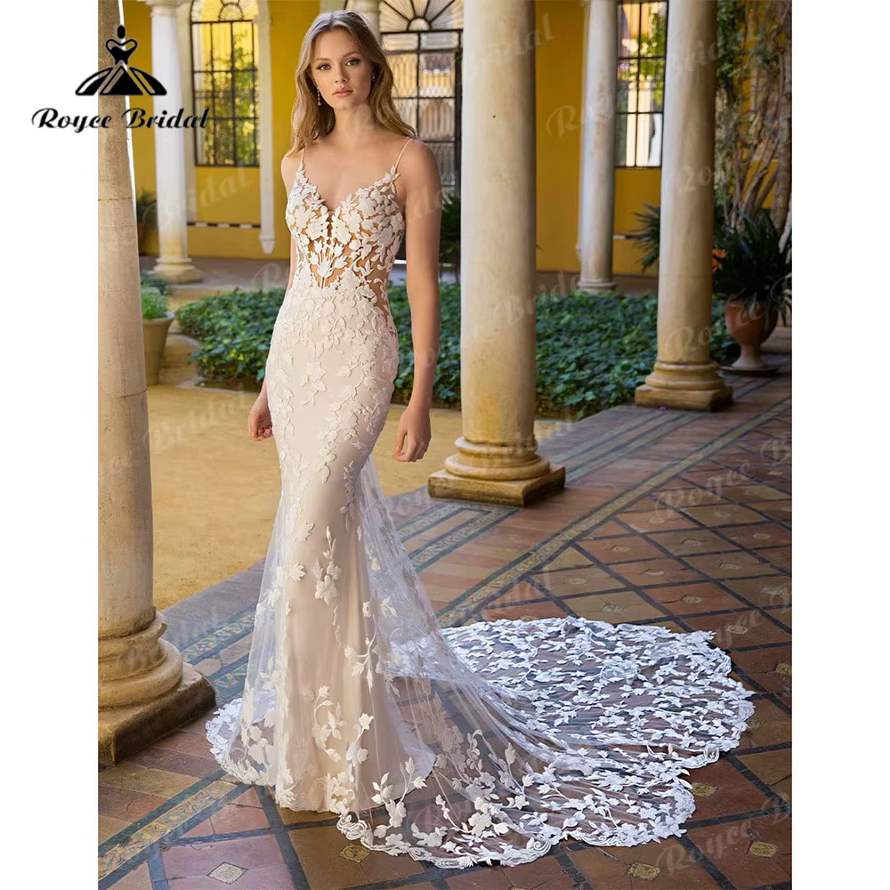 Roycebridal V Neck Lace Appliques Spaghetti Straps Mermaid/Trumpet Wedding Dress Court 2023 Backless vestido para boda playa