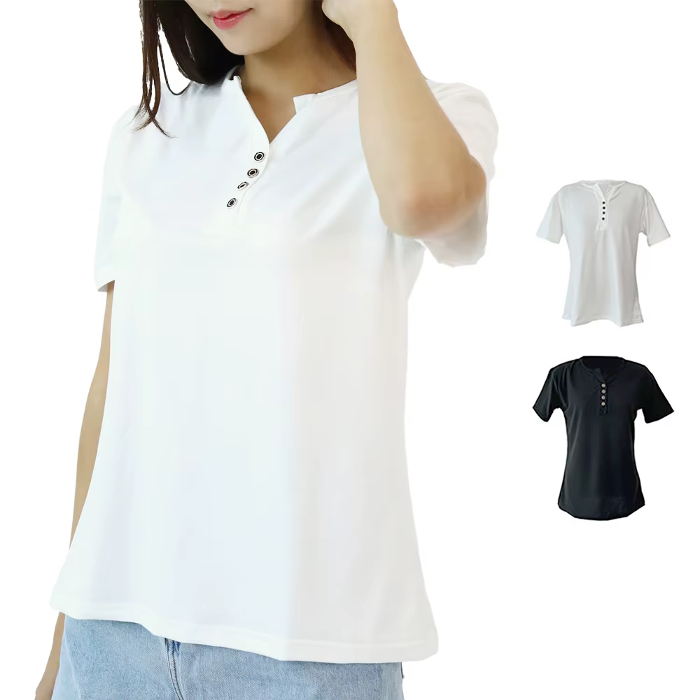 Women's Bbillion Slit Neck button point short sleeve T-shirt