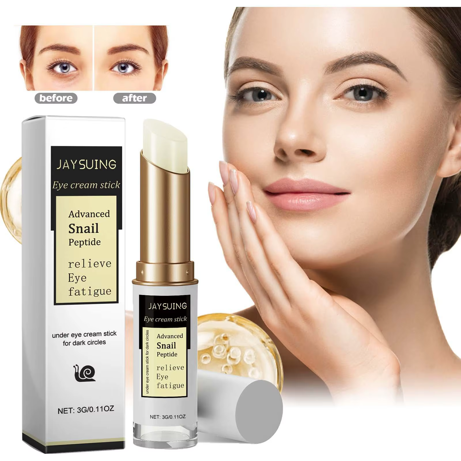 Jaysuing 3g Snail Peptide Anti Wrinkle Eye Cream Stick Reduce Dark Circles Eye Bags Firming Eye Brighten Moisturizing Eye Cream