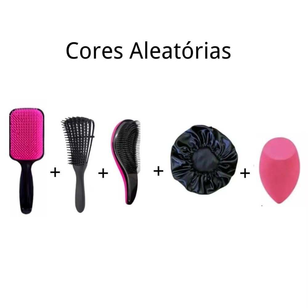 Kit Escova Raquete + Escova Polvo + Escova Magica + Touca Cetim + Esponja Chanfrada