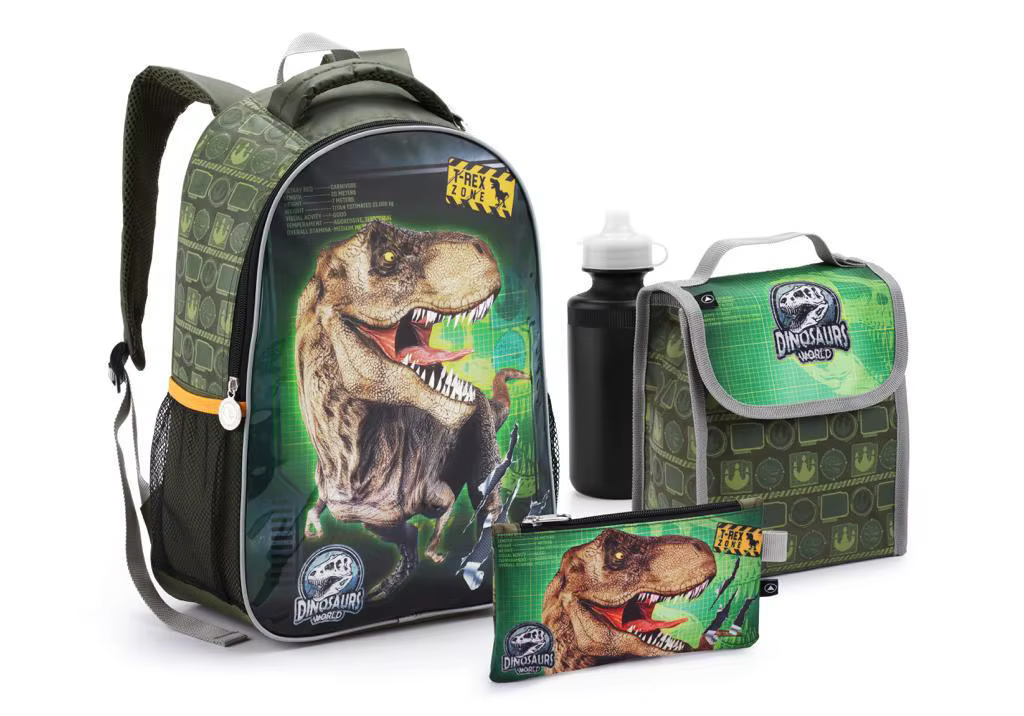 Kit Mochila Infantil Bolsa Lancheira E Estojo com garrafa Dinossauro