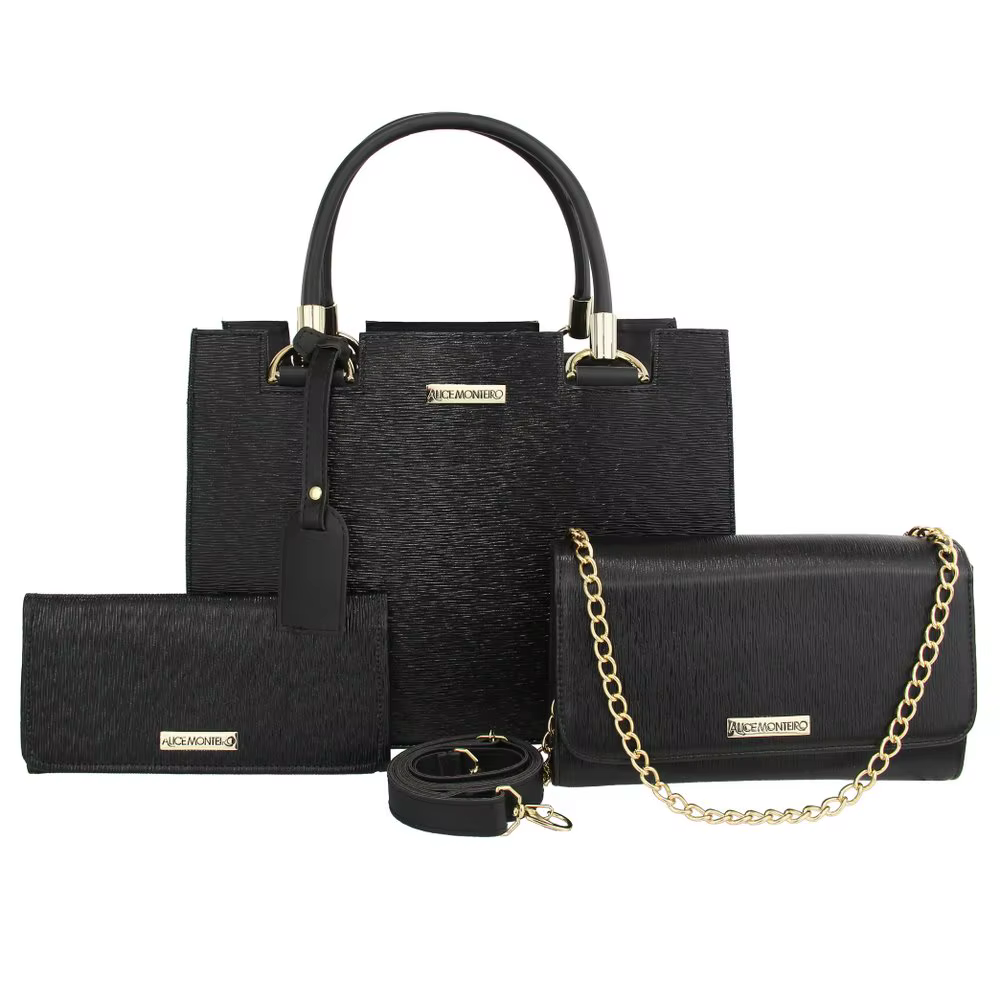 Kit Bolsa Feminina Preta 3 Peças, Bolsa Baú + Bolsa Clutch + Carteira Promoção