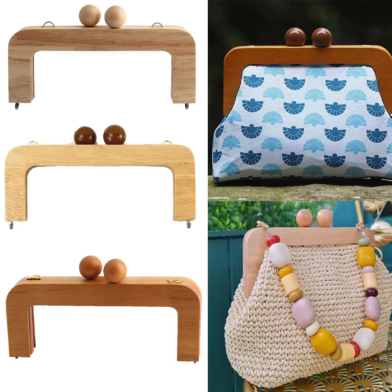1PC Wallet DIY Frame Lock Wooden Handle Knitted Bag Retro Bag Solid Wood Curved Handle With Wooden Beads With Screws