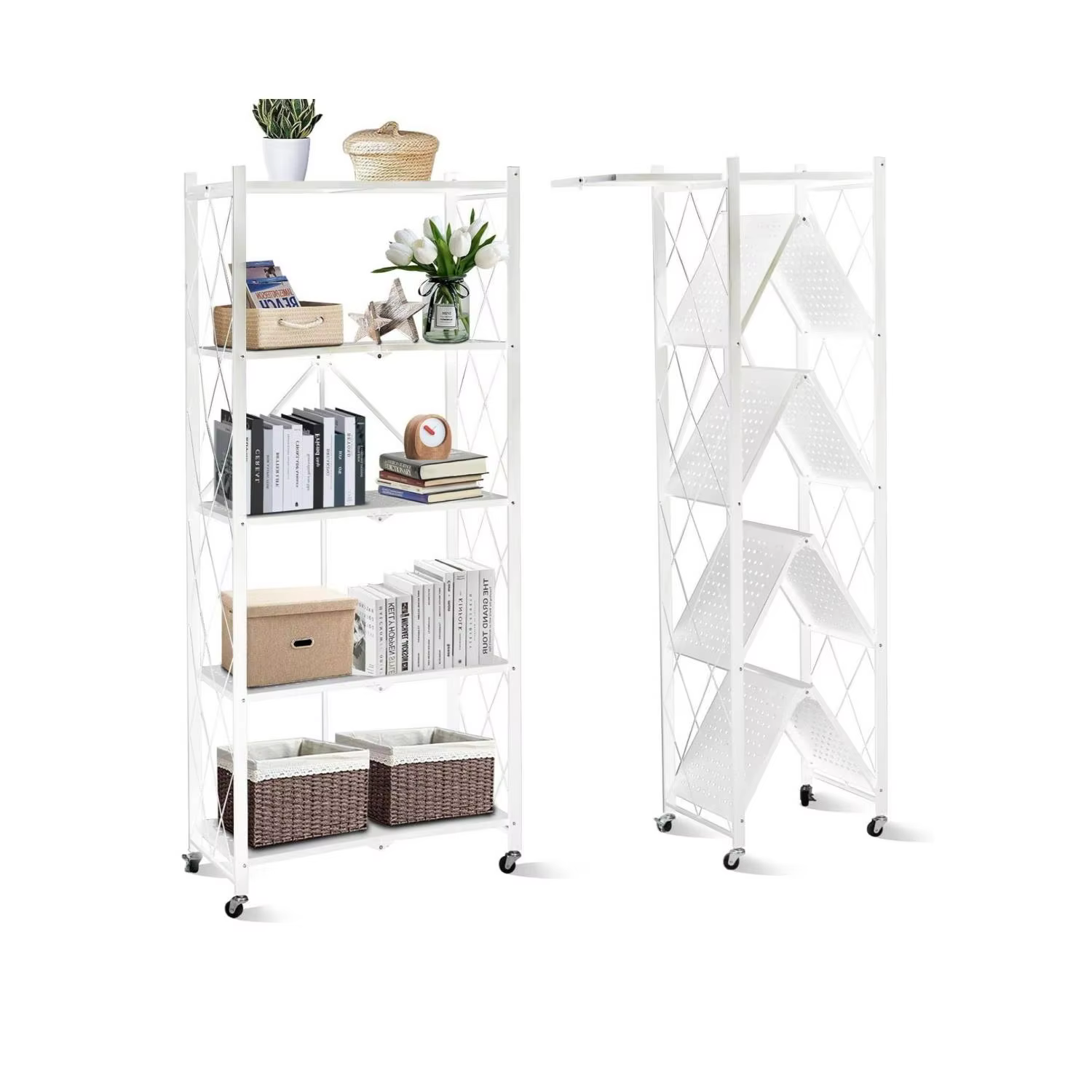 Foldable Storage Shelves 5 Tier, Storage Racks Kitchen Cabinet, Shelf Storage Multipurpose Rack Garage Easy Assembly White