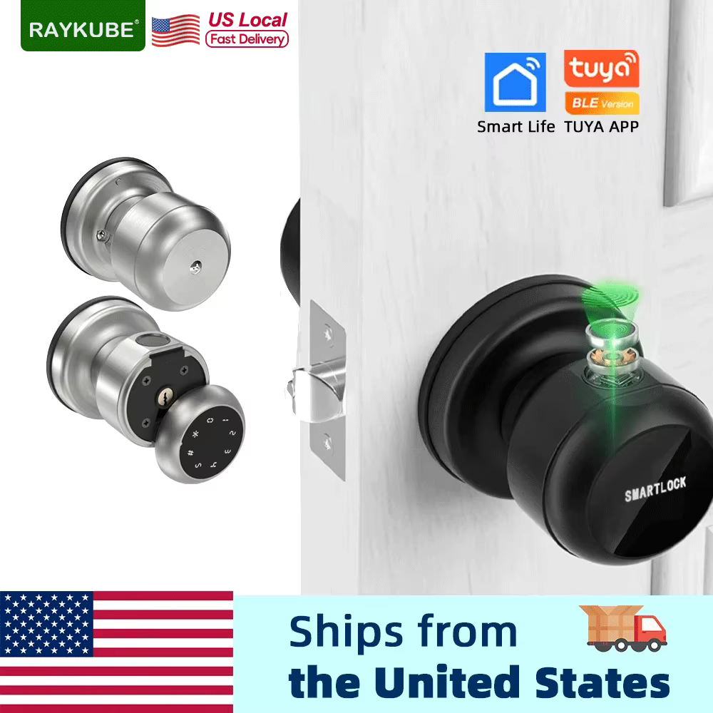 RAYKUBE K02 Round Knob Fingerprint Smart Lock Tuya Bluetooth Biometric With Key/Password/Tuya APP Unlock Delivery From USA