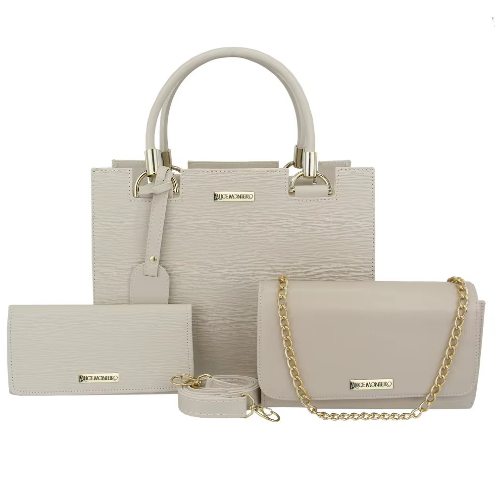 Kit Bolsa Feminina Off White 3 Peças, Bolsa Baú + Bolsa Clutch + Carteira Promoção