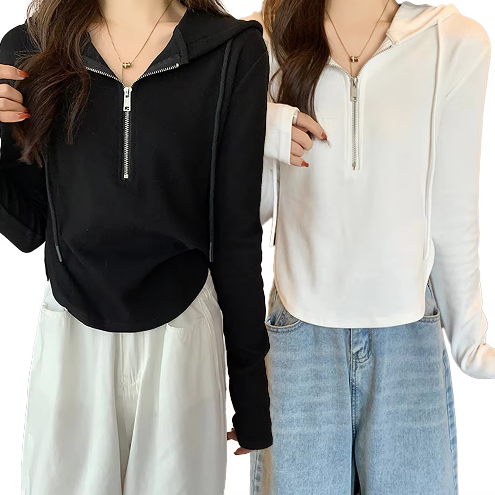 Women's semi-house-up hemline round long-sleeved hooty