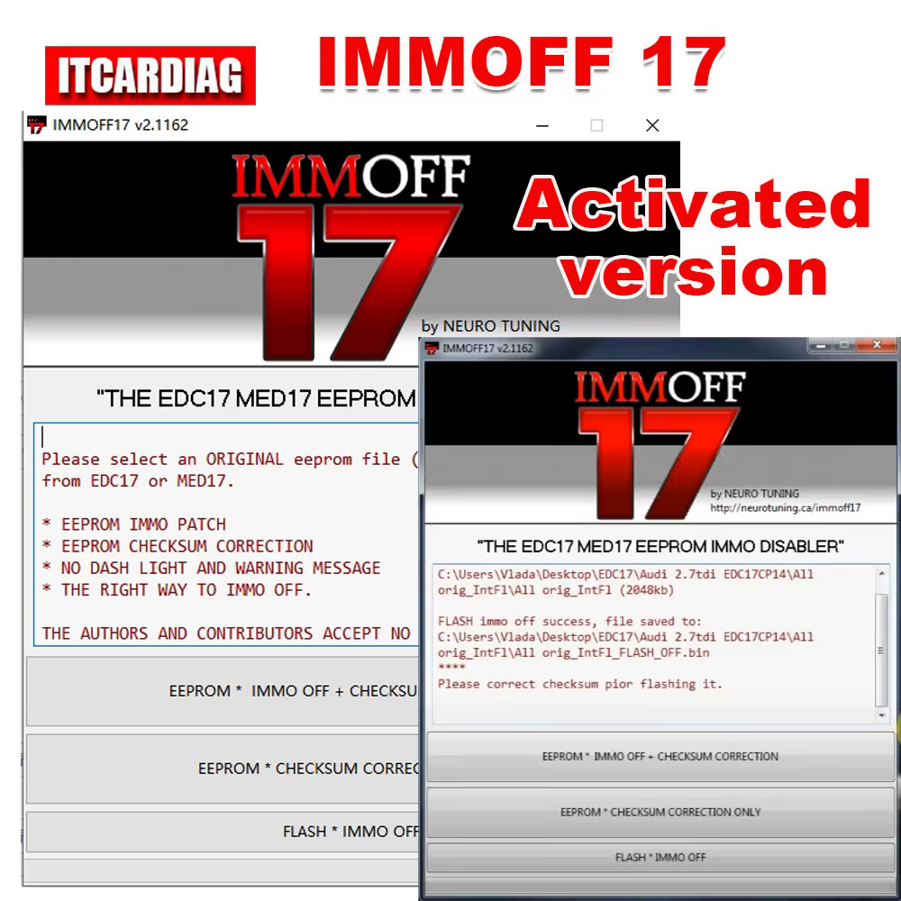 IMMO OFF 17 IMMOFF17 Software Activate Version EDC17 MED 17 Immo Off Ecu EEPROM IMMO PATCH Checksum Correction To IMMO OFF Flash