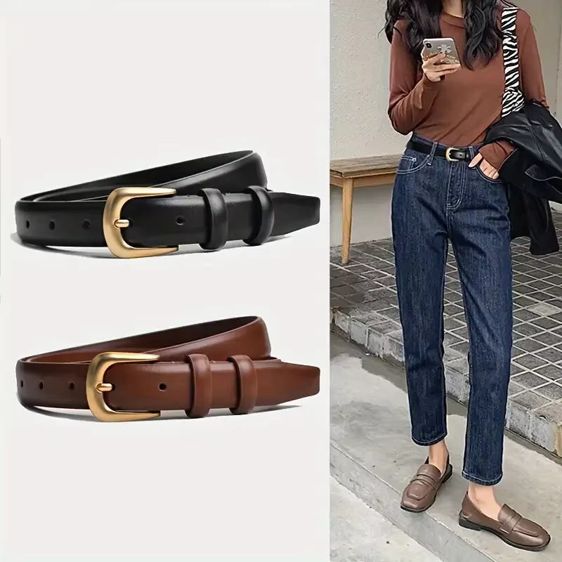 Stylish solid color PU leather belt, golden pin buckle, simple and casual, versatile, adjustable pants waistband