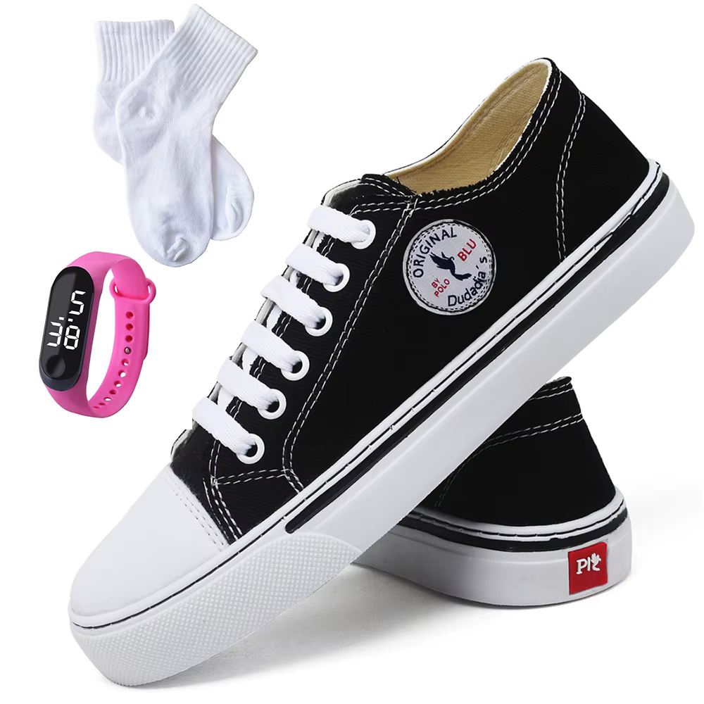 Combo Tênis Feminino Leve Básico All Cano Baixo Sapato com Relógio e Meia
