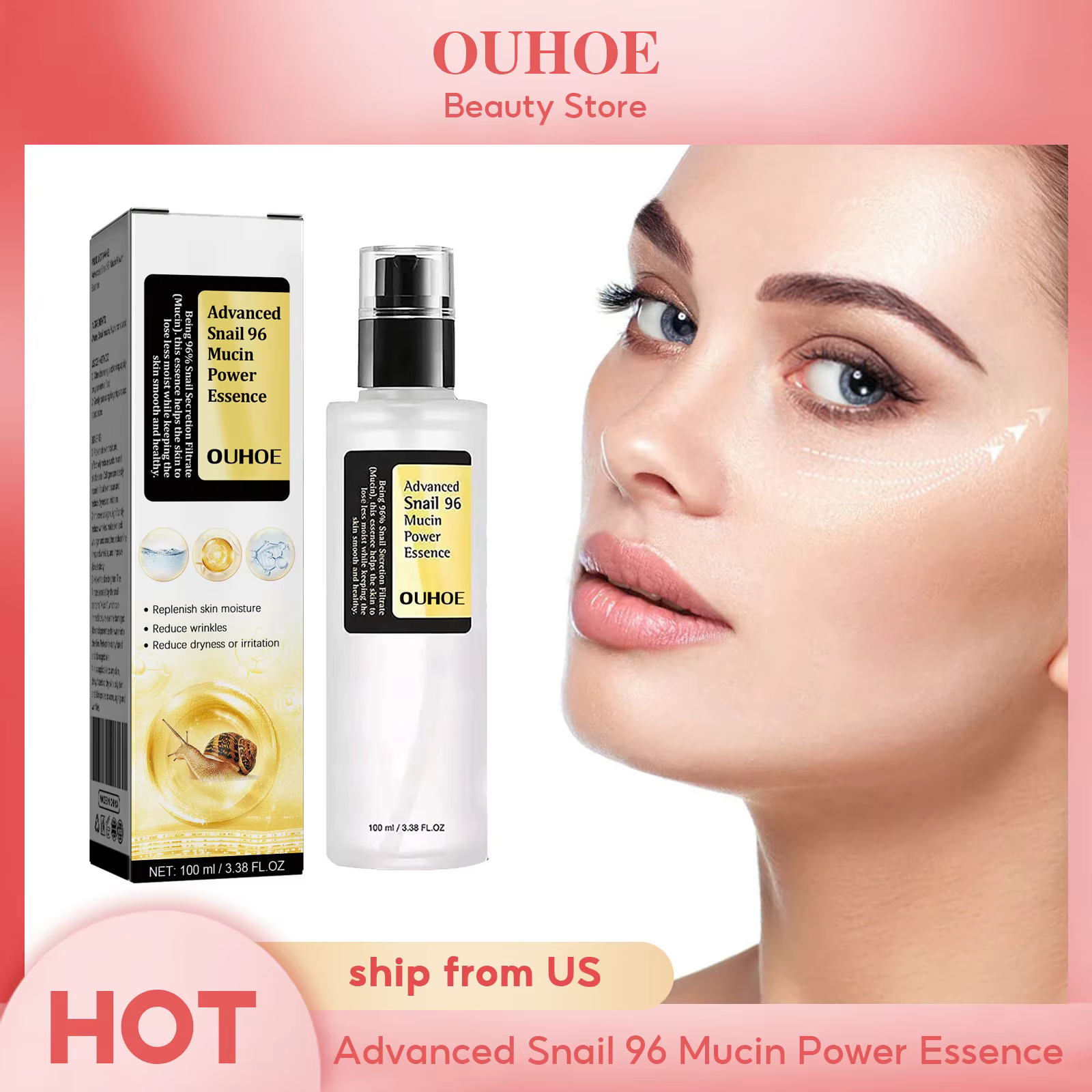 OUHOE Advanced Skincare Anti Aging 96% Snail Mucus Skin Care Essence Solution Facial Whitening Repair Serum For Sensitive Skin