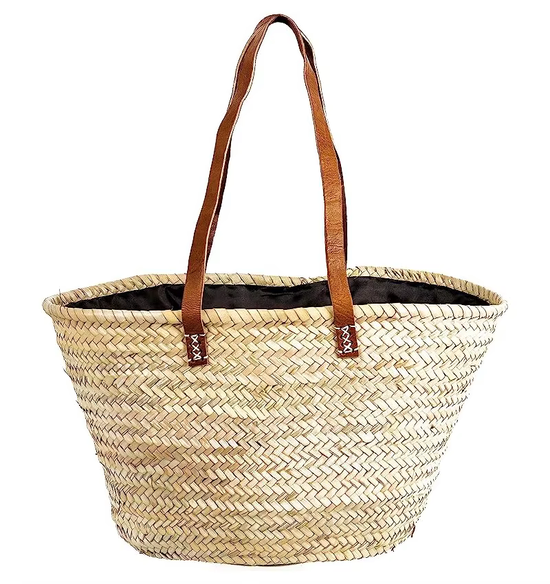 Beach Crossbody Basket, Palm Ram with Leather Handles, Natural Fiber Bag with COSHANO Long Handles