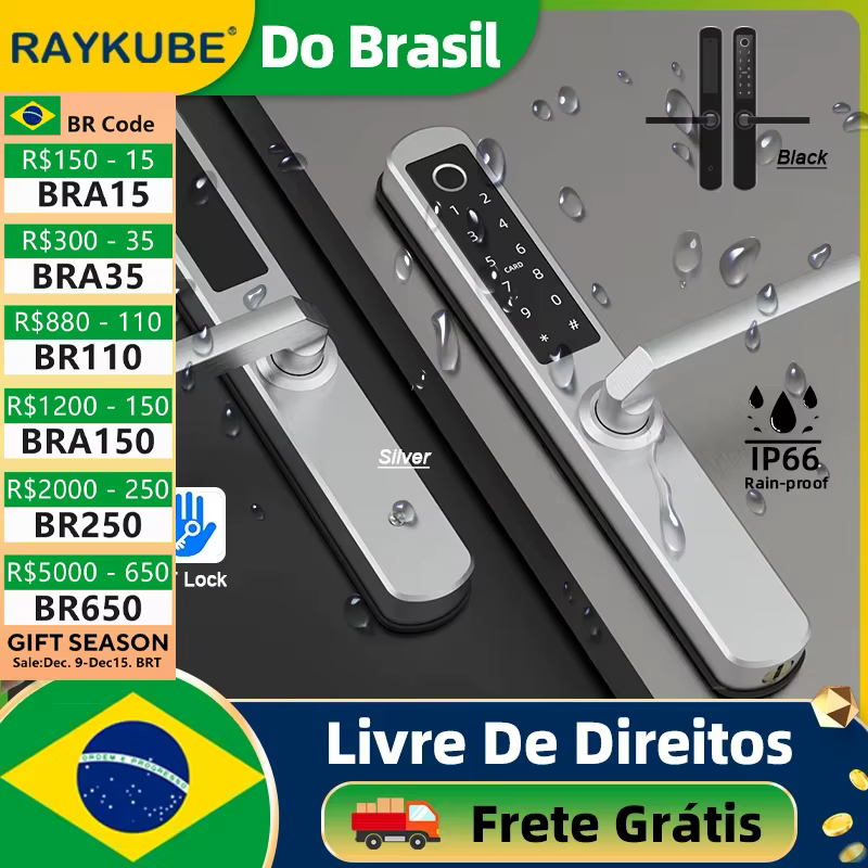 Do Brasil RAYKUBE DQ03 IP66 Waterproof TT Lock Bluetooth Fingerprint Door Lock With APP/Password/Card/Key Free Tax From Brazil