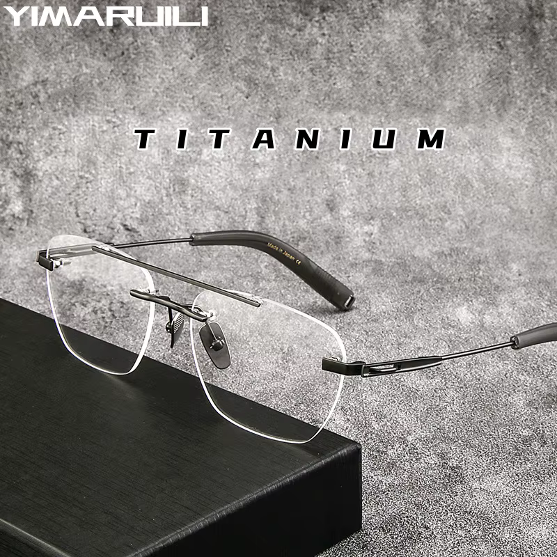 YIMARUILI Ultra-light Fashion Luxury Eyewear Double Beam Retro Pure Titanium Optical Prescription Rimless Glasses Men and Women