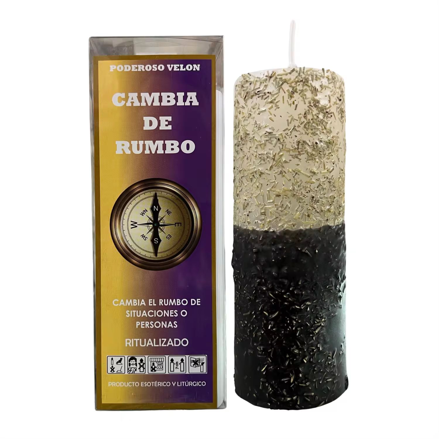 THE BUBBLE SHOP-Velon changes course to change THE course of situations or people ritualized fleece to turn around stuck and complicated moments black and white herboreal candle with special powders and instructions for use with prayer.