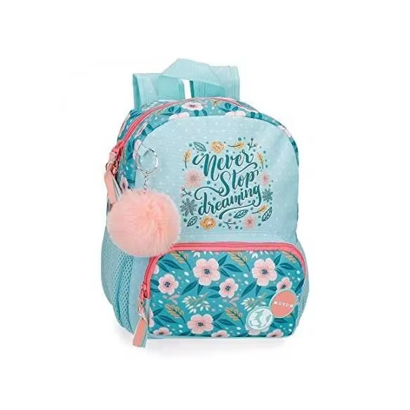 Joumma backpack small blue MOVOM Never Stop Dreaming with pink decorative Pompon