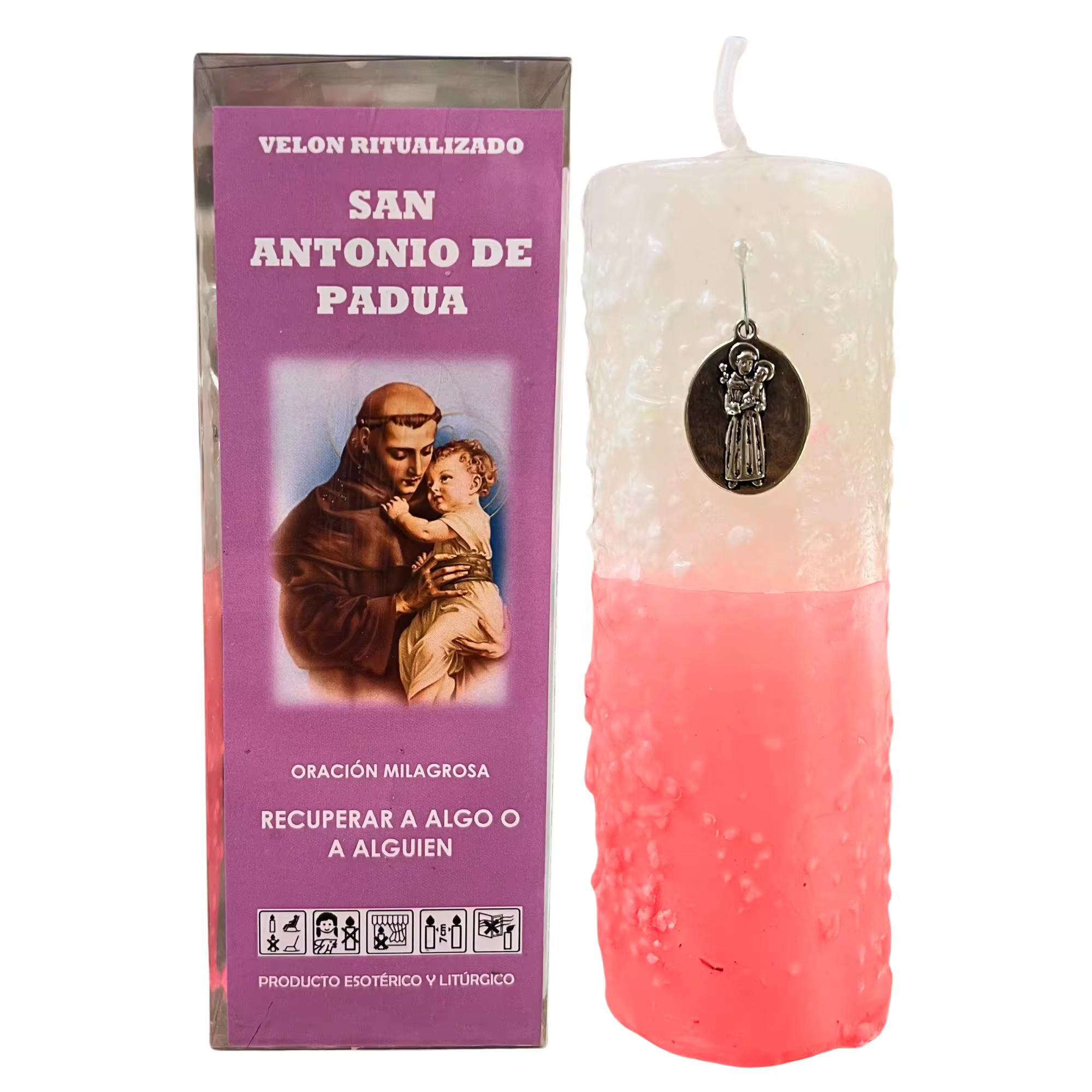 THE BUBBLE SHOP-ritualized Velon of San Antonio de Padua to recover something or someone special candle with miraculous prayer to bring back a person or object includes pin, medal of San Antonio de Padua and instructions for use.