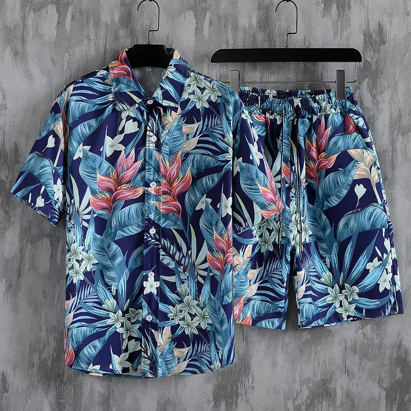 The new INS popular beach shirt suits, short-sleeved shirts and drawstring shorts, Hawaiian print floral men's clothes, travel a