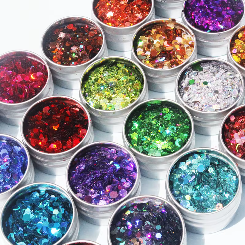 1 Box Mix Size Heaxgon Shape Loose Glitter Powder  Chunky Glitter For Makeup Body Tattoos, Lips,Eye Shadow, Face,Nail Powder